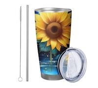 Lot de 1 gobelet en forme de fleur avec couvercle - Motif tournesol botanique - Papillon artistique - Jolies feuilles - Bleu et jaune - Isotherme - En métal inoxydable - Incassable - Pour voyage