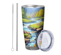 Lot de 1 gobelet en forme de fleur avec couvercle - Paysage artistique - Forêt - Rivière - Herbe de montagne - Nuage - Bleu et vert - Isolation chaude et froide - Pour bureau, extérieur, club, dortoir