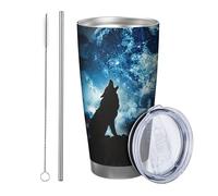 Lot de 1 gobelet en forme de loup, motif loup, motif loup, artistique, ciel nocturne, forêt, en bois, esthétique, oiseau, bleu, gris, métal, réutilisable, sans déversement, incassable, pour cour