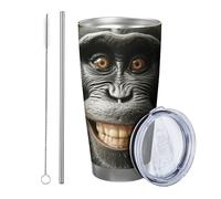 Lot de 1 gobelet en forme de singe avec couvercle - Animaux sauvages amusants - Forêt - Comique - Arbre naturel - Chimpanzé - Noir et vert - En métal isotherme - Chaud et froid - Incassable - Pour