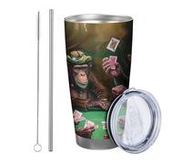 Lot de 1 gobelet en forme de singe avec couvercle - Cartes à jouer - Chips - Chaise de table - Fond abstrait - Jaune vert - Isolé chaud et froid - Incassable - Pour bureau, extérieur, dortoir, café