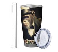 Lot de 1 gobelet en forme de singe avec couvercle - Design moderne - Animaux - Vêtements - Chapeau - Nœud - Cartes à jouer - Gris et vert - Isotherme - En métal - Anti-déversement - Sans pied - Double