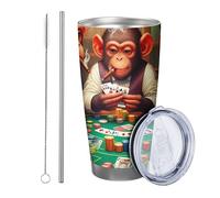 Lot de 1 gobelet en forme de singe avec couvercle - Motif anmals - Fumée - Pour jouer aux cartes de jeu - Chapeau amusant - Marron vert - Isolé chaud et froid - Incassable - Pour voyage, piscine