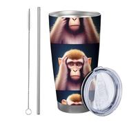 Lot de 1 gobelet en forme de singe avec motif d'animaux mignons et drôles - Motif chimpanzé contemporain - Marron/bleu - Revêtement en poudre chaud et froid - Sans déversement - Avec couvercle - 590