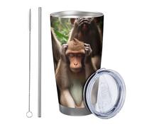 Lot de 1 gobelet en forme de singe - Motif arbre de la forêt - Chimpanzé - Artistique - Amusant - Marron et vert - En métal - Réutilisable - Sans déversement - Incassable - Avec paille - Pour