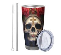 Lot de 1 gobelet en forme de tête de mort avec couvercle - Guirlande Faith Christ - Croix - Fleurs de roses - Feuilles - Tissu rouge et blanc - En métal inoxydable - Incassable - Pour jardin