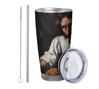 Lot de 1 gobelet en verre à motif tête de mort avec couvercle pour homme - Style vintage moyen âge - Marron et orange - En métal inoxydable - Isolation chaude et froide - Pour bureau, extérieur, club