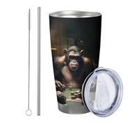 Lot de 1 gobelet fantaisie en forme de singe - Lampe de table rétro en métal inoxydable - Isolé - Incassable - Avec couvercle - 590 ml