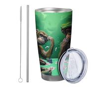 Lot de 1 gobelet fantaisie en forme de singe - Motif animaux amusants - Cartes à jouer - Papillon - Chapeau de table - Vert - Isotherme en acier inoxydable - Incassable - Pour voyage, piscine