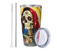 Lot de 1 gobelet isotherme à motif tête de mort avec couvercle, motif religion, foi, Christ, fleur, feuilles, étoiles, drapeau jaune, bleu, isotherme, sans pied, double paroi, 590 ml