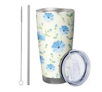 Lot de 1 gobelet isotherme avec couvercle - Motif floral abstrait - Avec couvercle - Pour pique-nique, salle de sport - Beige - Bleu - Vert - 591 ml