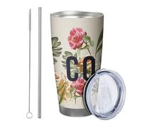 Lot de 1 gobelet isotherme avec couvercle - Motif floral rétro botanique - Feuilles - Vert rose jaune - Incassable - Pour voiture, piscine, voyage, bureau - Double paroi - 590 ml