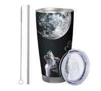 Lot de 1 gobelet loup hurlant lune nuit ciel animaux oiseaux design artistique gris noir revêtement poudre chaud et froid sans déversement extérieur cour voyage piscine pique-nique café tasse à boire