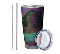 Lot de 1 gobelet noir pour fille - Motif étoile de nuit - Ciel - Cool African Girls - Paillettes - Vert et jaune - En acier inoxydable - Incassable - Pour voyage, piscine, bibliothèque extérieure