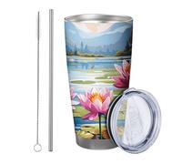 Lot de 1 gobelet réutilisable en métal inoxydable avec couvercle - Motif paysage naturel de style bohème - Lever de soleil, montagne, forêt, feuilles florales, bleu, jaune, rose - 591 ml
