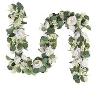 Lot de 1 guirlandes d'eucalyptus artificiel de 2 m avec fleurs, fausses roses et gypsophiles, décoration florale pour mariage, mai,r