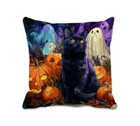 Lot de 1 Housse Coussin 30x30 cm Halloween Taie Oreiller avec Fermeture éclair Invisible, Coussin Exterieur Impermeable Lin Decoration Cushion Covers pour Jardin Patio Canape Balcon (Chat) 2B-730