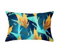 Lot de 1 Housse de Coussin 30x50cm Taie d'oreiller Décoratif en Velours Carré Double Face Fermeture Glissière Invisible Feuilles bleu jaune M741 12x20inch pour Salon Chambre Voiture Canapé Decoration