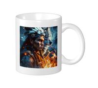 Lot de 1 mug imprimé loup Cool Man Wolf Indian Tribe Style Fire Esthétique Plume Bleu Orange Céramique Inrenversable Collection Poids léger Bureau Camping avec poignées Fond plat 325 ml