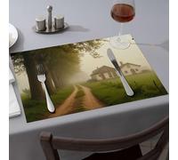 Lot de 1 napperon bleu avec une scène rurale paisible avec un chemin de terre menant à une ferme sur un matin brumeux Sets de table de Pâques