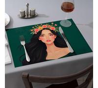 Lot de 1 napperon de printemps avec de longs cheveux noirs ornés d'une couronne florale - Sets de table lavables - Décoration rustique moderne