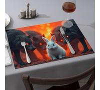 Lot de 1 napperon de printemps deux loups flanquant un lapin sur fond orange - Sets de table lavables - Décoration de ferme moderne