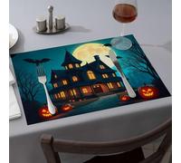 Lot de 1 napperon jaune motif maison effrayante avec lanternes Jack O'-Lanterns Under A Full Moon pour cuisine et salle à manger
