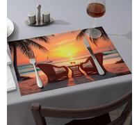 Lot de 1 napperon lavable avec deux chaises sur la plage avec boissons, palmiers et coucher de soleil