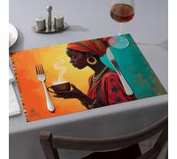 Lot de 1 napperons lavables à la vapeur, thé chaud dans une tenue africaine traditionnelle, napperons de table modernes pour décoration de ferme