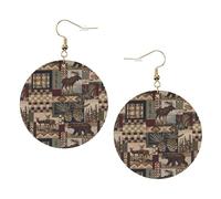 Lot de 1 paire de boucles d'oreilles rondes en cuir avec motif cerf et ours lodge, One Size, Polyester