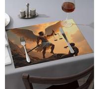 Lot de 1 set de table bleu motif ange avec écailles et épée sur pied au-dessus d'un homme tombé - Décoration d'intérieur lavable