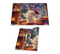 Lot de 1 set de table en vinyle motif chat de Noël avec chapeau rouge pour table de salle à manger, sets de table de cuisine, résistants à la chaleur, lavables et lavables en PVC