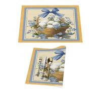 Lot de 1 set de table en vinyle motif œufs de Pâques sur panier - Motif fleurs bleues - Pour table de salle à manger et cuisine - Résistant à la chaleur - Lavable et lavable