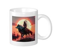 Lot de 1 tasse à café motif loup coucher de soleil nuage arbre loup chevauchant des plumes indiennes oiseaux tribus style orange gris céramique non renversable poids léger garde-manger Apaartment