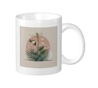 Lot de 1 tasse à thé tropicale avec motif botanique abstrait feuilles fleur soleil artistique esthétique rose clair céramique non renversable cuisine école bureau garde-manger avec poignées 325 ml