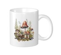 Lot de 1 tasse imprimée champignon rustique botanique feuilles cottage pierre artistique ferme beige vert céramique poids léger collection chambre extérieur bureau fond plat avec poignées 325 ml