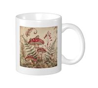 Lot de 1 tasse imprimée champignon vintage feuilles botaniques plantes rustiques maison de campagne beige rouge vert céramique réutilisable poids léger salon laboratoire extérieur bureau fond plat