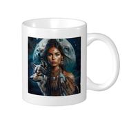 Lot de 1 tasse imprimée loup belles boucles d'oreilles style tribu femme lune animaux indiens plumes bleu marron céramique poids léger collection salon laboratoire extérieur fond plat avec poignées