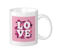 Lot de 1 tasse imprimée rose au design moderne romantique avec inscription « Sweet Flower Love » - Mot artistique - Rose vif et blanc - Céramique réutilisable - Bibliothèque - Salon - Cuisine