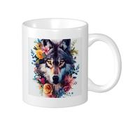 Lot de 1 tasse imprimée rose loup aquarelle animaux botaniques feuilles fleur mignon cottage jaune bleu céramique cadeau collection bureau gym bureau camping avec poignées fond plat 325 ml