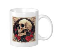 Lot de 1 tasse imprimée rose rétro motif floral feuilles crâne cranium jaune rouge vert céramique non renversable réutilisable maison bureau laboratoire cuisine garde-manger tasses à thé 325 ml