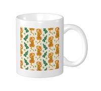 Lot de 1 tasse imprimée tigre avec motif feuilles mignonnes botaniques animaux dessins animés beige vert orange céramique décorative légère école camping chambre appartement tasse à thé à fond plat