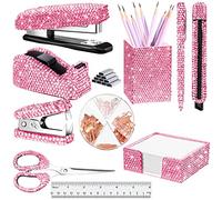 Lot de 10 accessoires de bureau bling pour bureau - Fournitures de bureau - Kit d'accessoires de bureau - Agrafeuse à paillettes - Dévidoir de ruban adhésif diamant - Ciseaux pour femme - Bureau à domicile (rose)