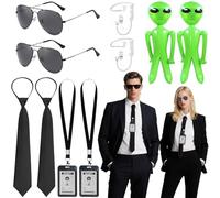 Lot de 10 accessoires de costume d'agent secret avec supports d'identité, cravates noires, lunettes de soleil, oreillettes gonflables d'extraterrestres verts pour homme et femme, Halloween, cosplay
