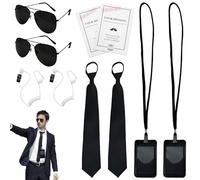 Lot de 10 accessoires de costume d'agent secret pour homme en noir avec cravate, lunettes de soleil, porte-cartes, tube d'écouteurs, carte pour adulte et enfant, Noir