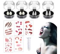 Lot de 10 accessoires d'Halloween, 4 dents de vampire, crocs de vampire, crocs de vampire, 5 tatouages de cicatrice d'Halloween avec faux sang de croûte, costume d'Halloween pour femme accessoires de