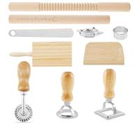 Lot de 10 accessoires pour pâtes, rouleau à pâtisserie avec filetage en bois, planche à gnocchi, grattoir à pâte, moule à boulettes, 5 emporte-pièces pour raviolis pour les amateurs de pâtisserie