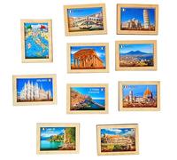 Lot de 10 aimants italiens - Cadre en bois - 50 x 70 mm - Magneti Souvenir - Italie Pise Florence Rome Naples Venise Milan Lac Côme Sicile Ligurie - Souvenir Cadeau - Produit italien - Frigo