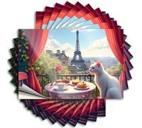 Lot de 10 autocollants amusants « A Cat Enjoys A Cozy Breakfast with A View of The Eiffel Tower » - Autocollants anti-biden pour adultes (12 x 18 cm)