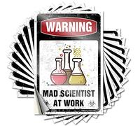 Lot de 10 autocollants amusants avec inscription « Warning Mad Scientist at Work » - 12 x 18 cm